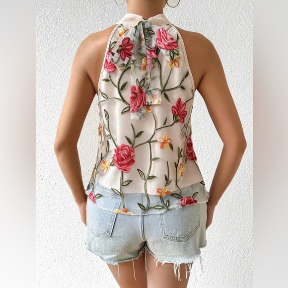 NIP-Floral Embroidered Mesh Halter Top - Picture 4 of 4